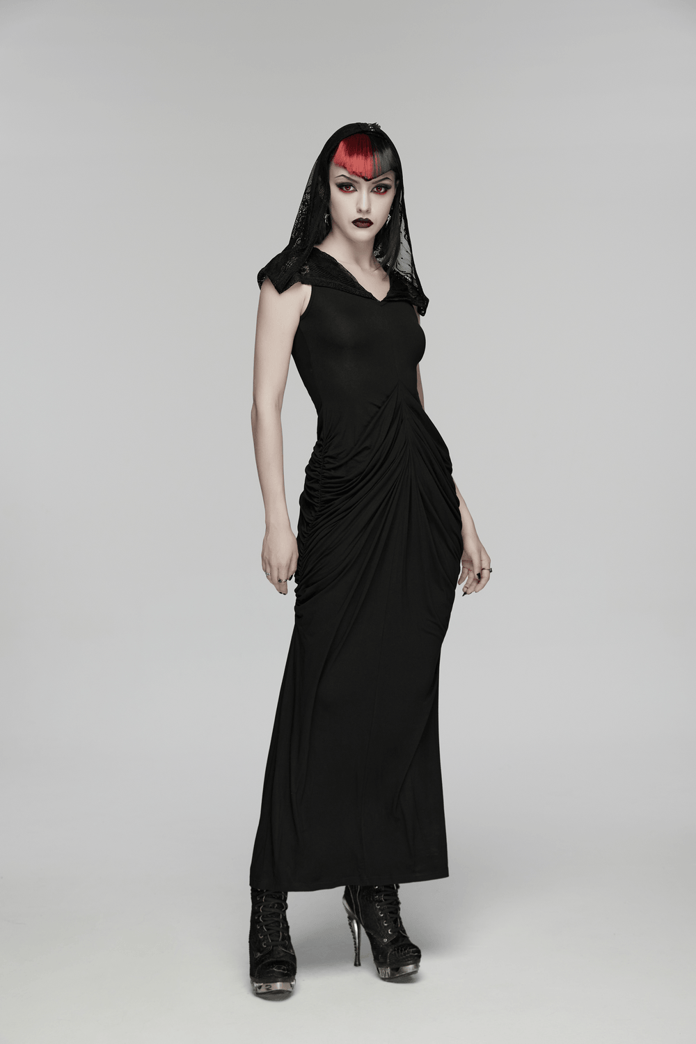 Alt Tag: Women's Hooded Gothic Ruched Lace Evening Dress in black maxi style with lace hood, ruched waist, and dramatic evening silhouette