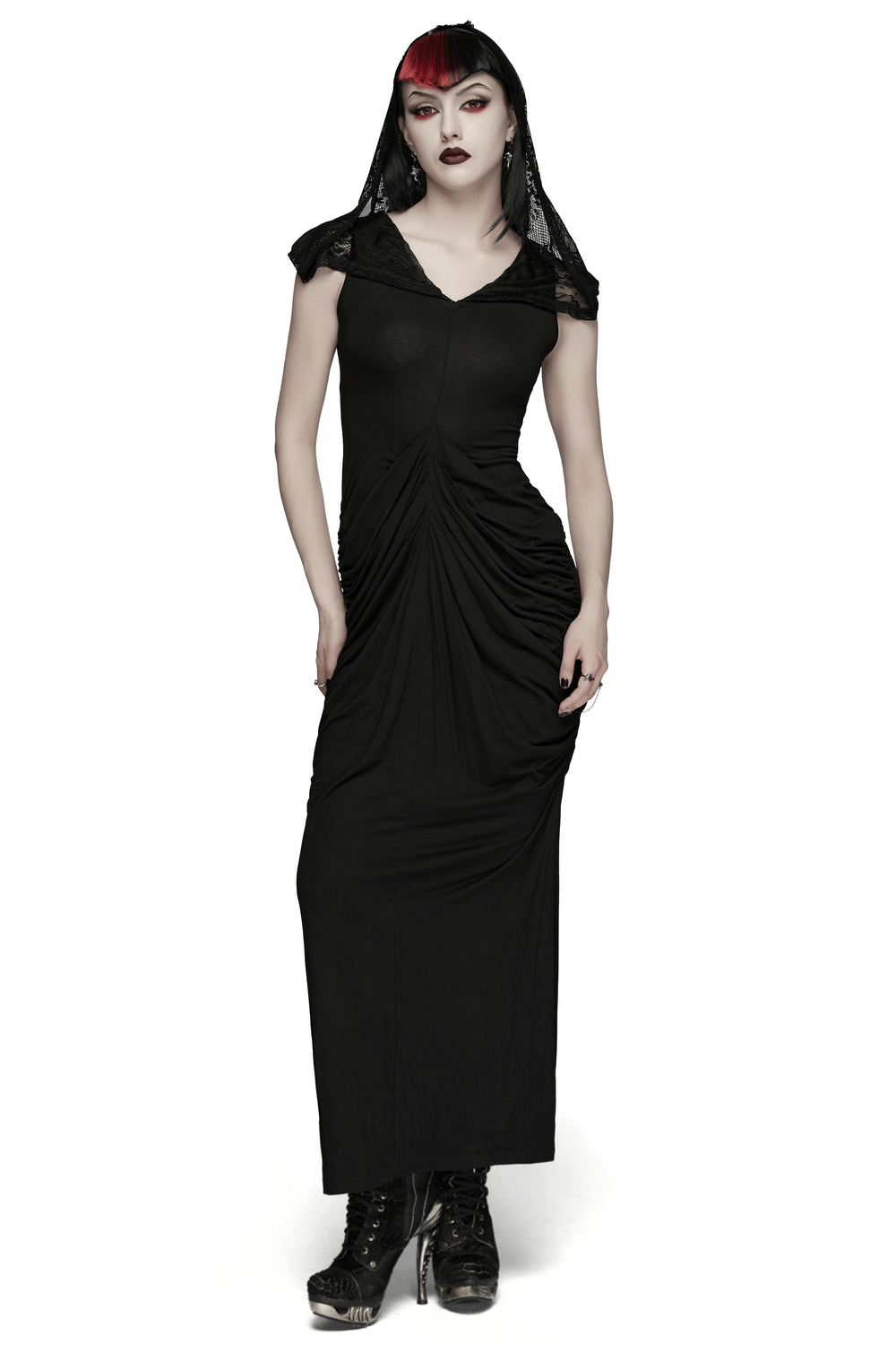 Alt Tag: Women's Hooded Gothic Ruched Lace Evening Dress in black maxi style with draped hood, ruched waist, and lace sleeves
