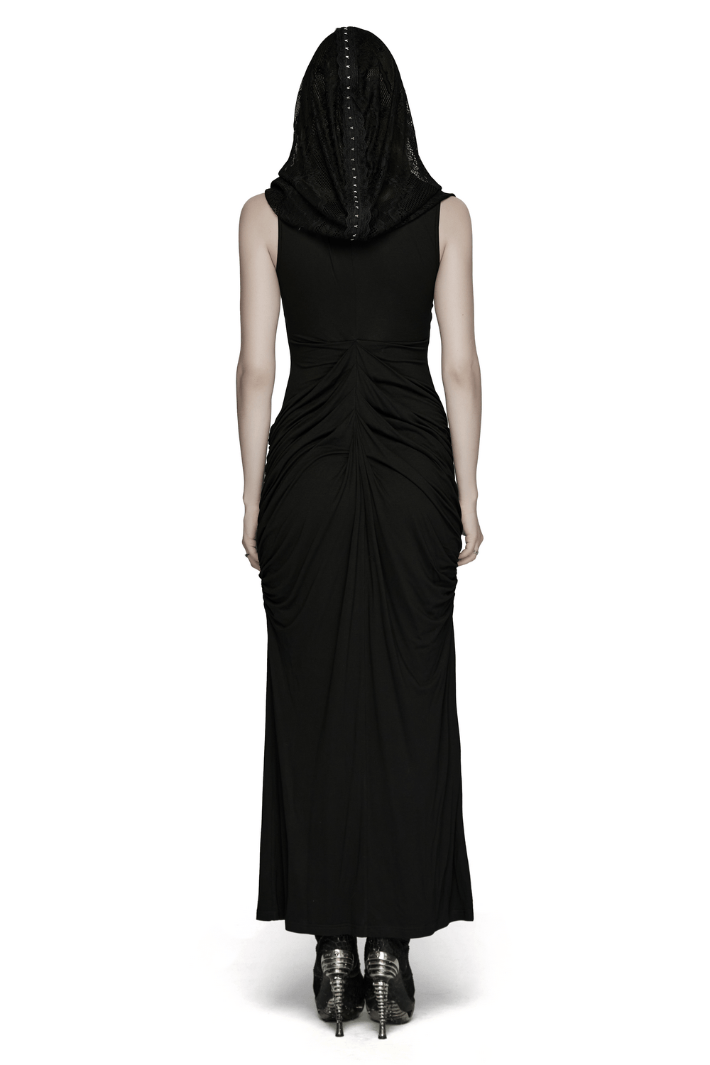 Alt Tag: Women's Hooded Gothic Ruched Lace Evening Dress back view with draped lace hood, ruched waist, floor-length black maxi silhouette