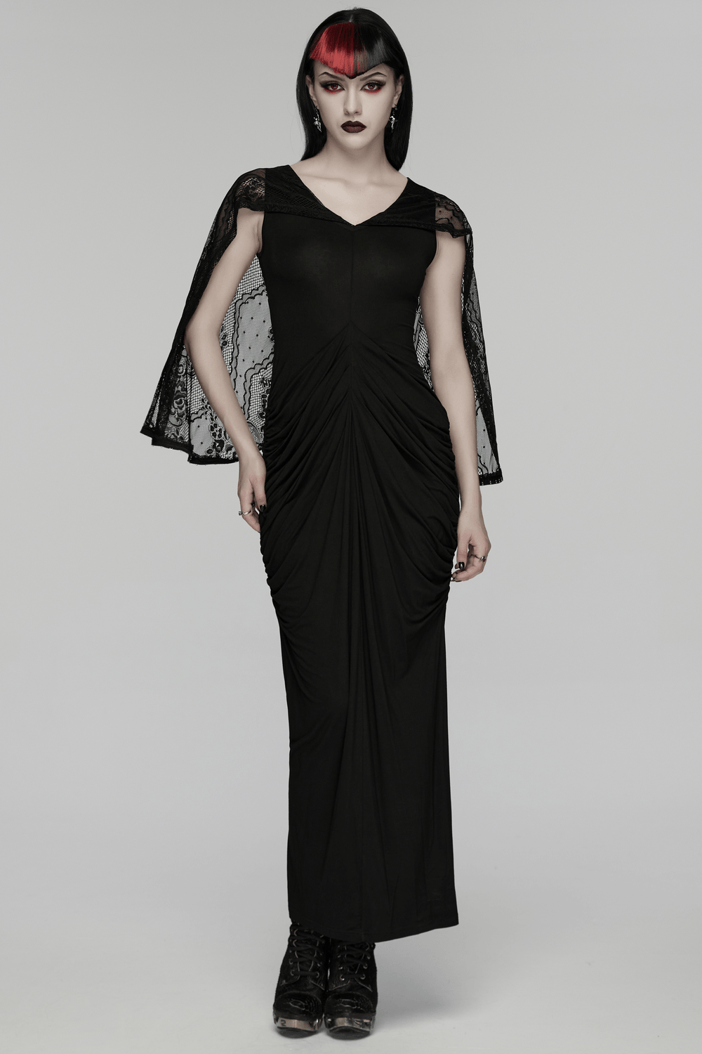 Alt Tag: Women's Hooded Gothic Ruched Lace Evening Dress black maxi with lace hooded cape sleeves, ruched waist, dramatic gothic evening look
