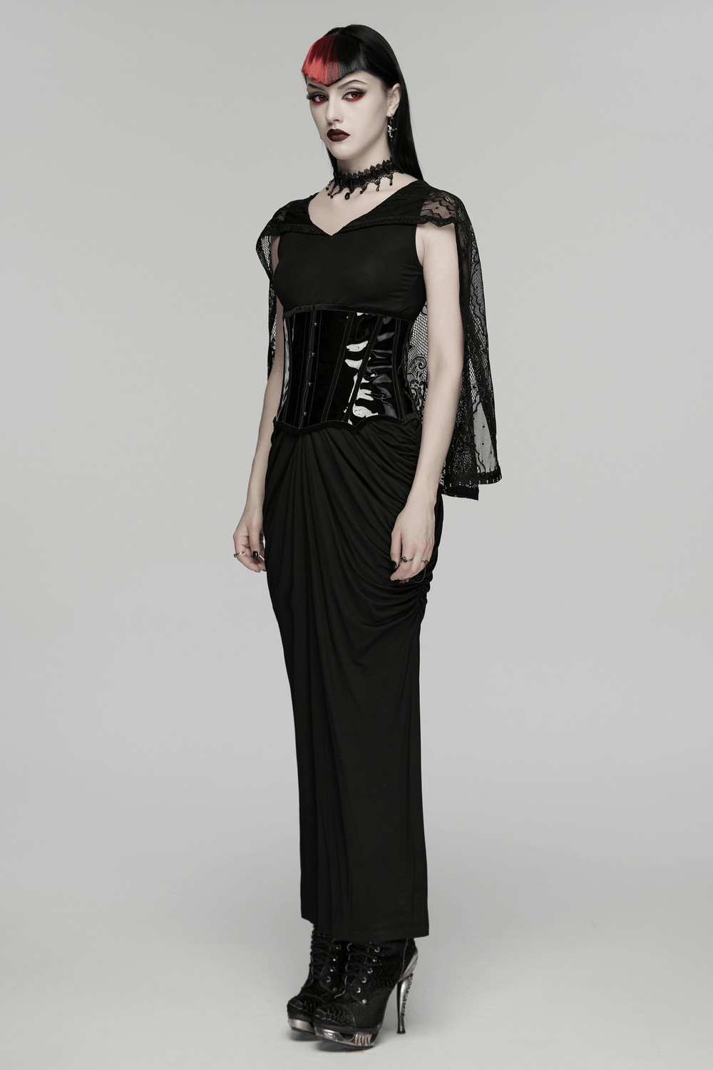 Alt Tag: Women's Hooded Gothic Ruched Lace Evening Dress worn by model, black maxi gown with lace hooded cape sleeves and ruched waist