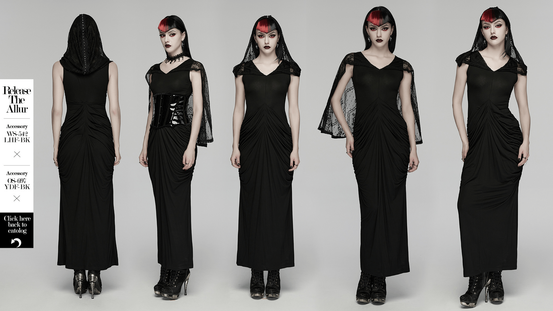 Alt Tag: Women's Hooded Gothic Ruched Lace Evening Dress in black with lace hood shawl, ruched waist, maxi silhouette, and lace sleeves