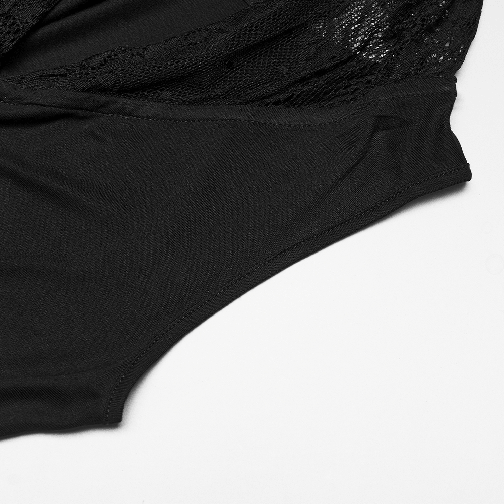 Alt Tag: Women's Hooded Gothic Ruched Lace Evening Dress lace panel close-up with ruched detailing and smooth black fabric finish