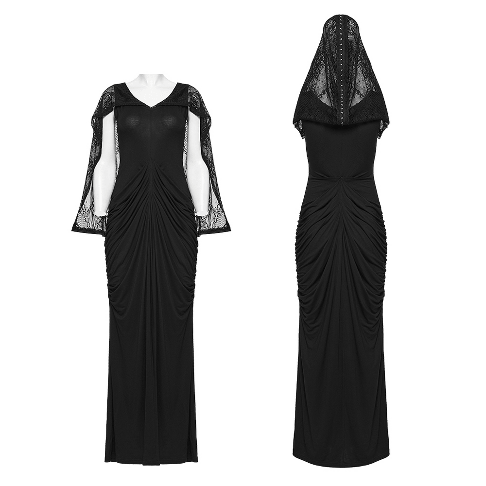 Alt Tag: Women's Hooded Gothic Ruched Lace Evening Dress in black, front and back view with draped lace hood, ruched waist, long maxi