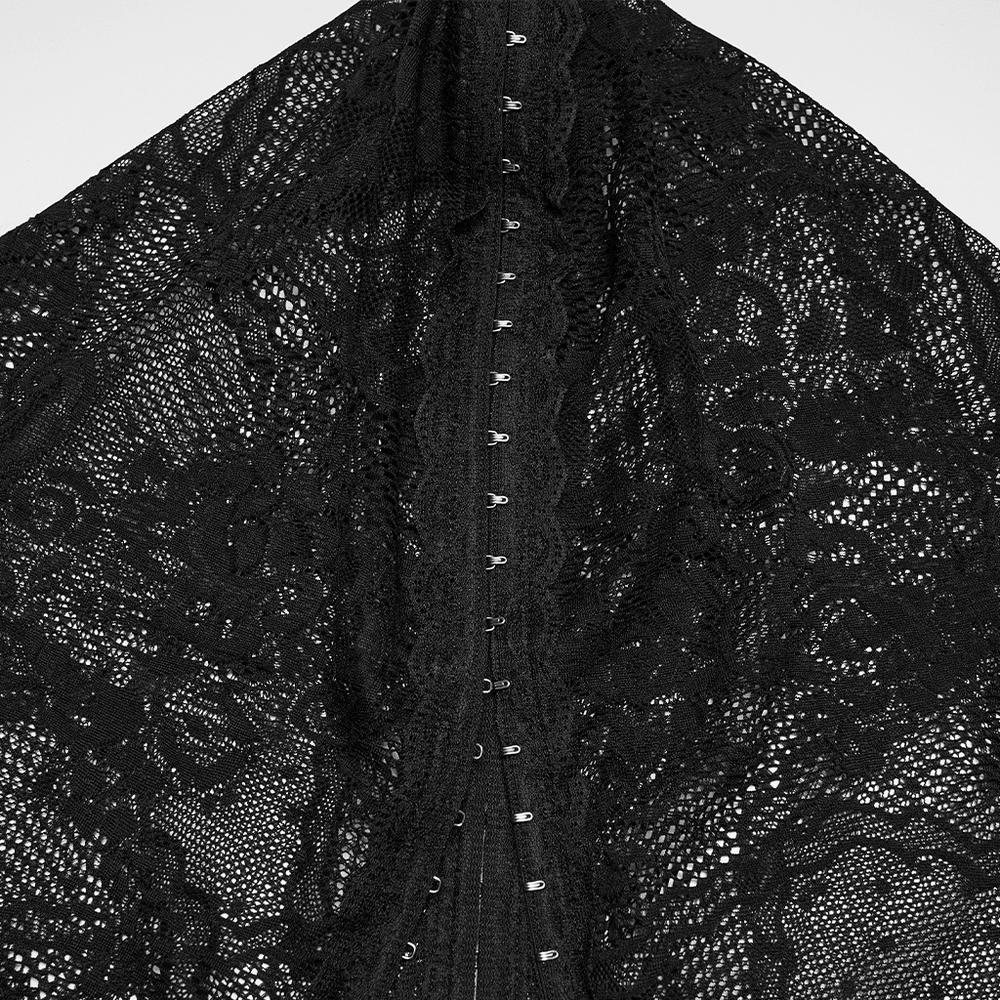 Alt Tag: Women's Hooded Gothic Ruched Lace Evening Dress black lace hood detail with hook-and-eye front closure, dark elegant gothic vibe
