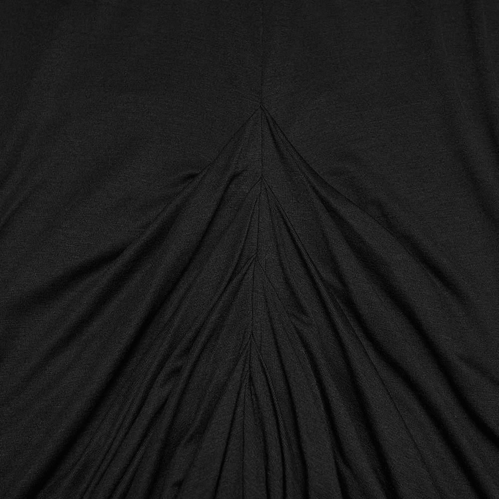 Alt Tag: Women's Hooded Gothic Ruched Lace Evening Dress close-up of black ruched fabric detailing for dramatic gothic silhouette