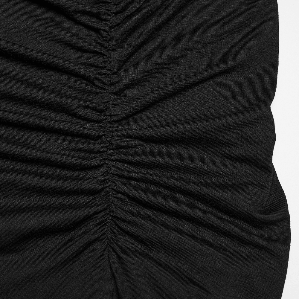 Alt Tag: Women's Hooded Gothic Ruched Lace Evening Dress ruched waist detail in black modal fabric, curve-defining gothic maxi dress