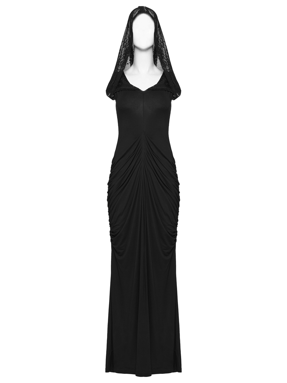 Alt Tag: Women's Hooded Gothic Ruched Lace Evening Dress black maxi gown with lace hood, ruched waist, gothic nun-inspired evening look