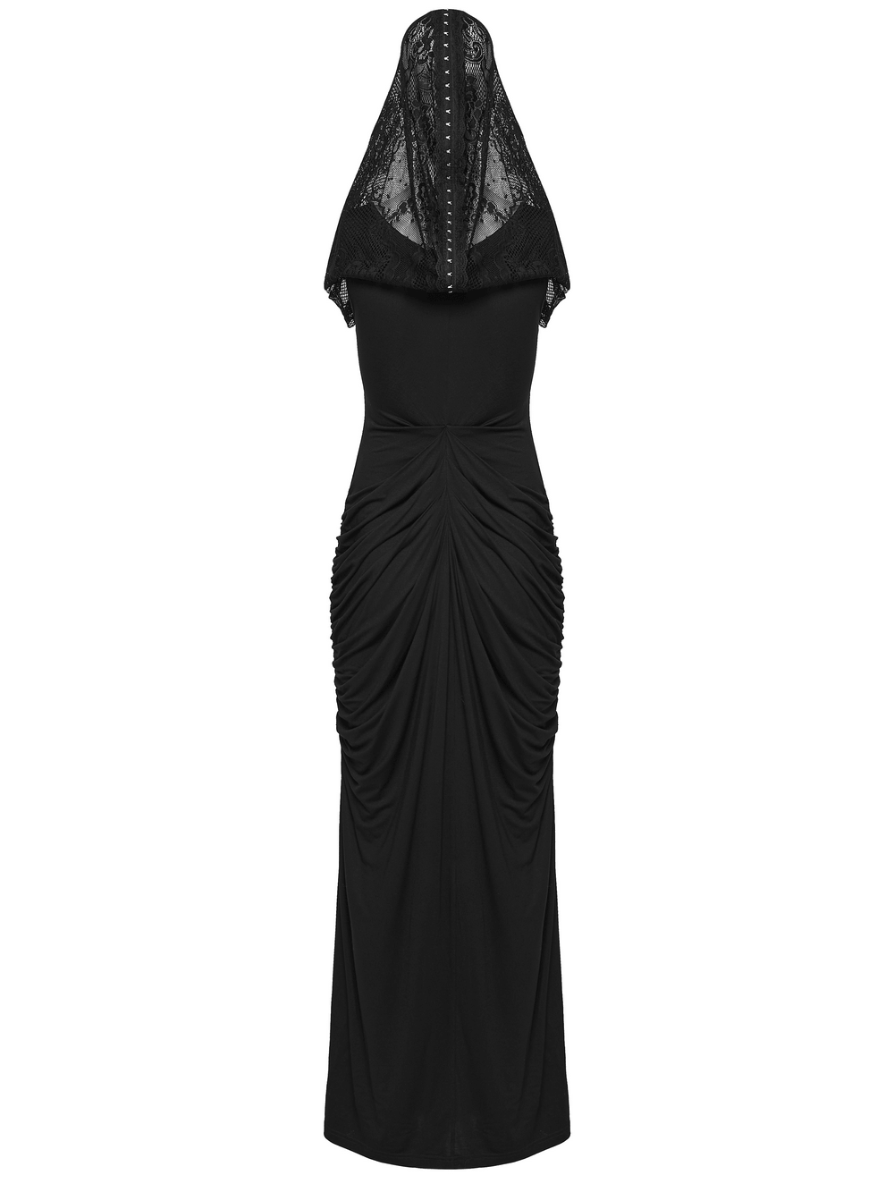 Alt Tag: Women's Hooded Gothic Ruched Lace Evening Dress in black maxi style with draped lace hood and ruched waist, elegant gothic nun look