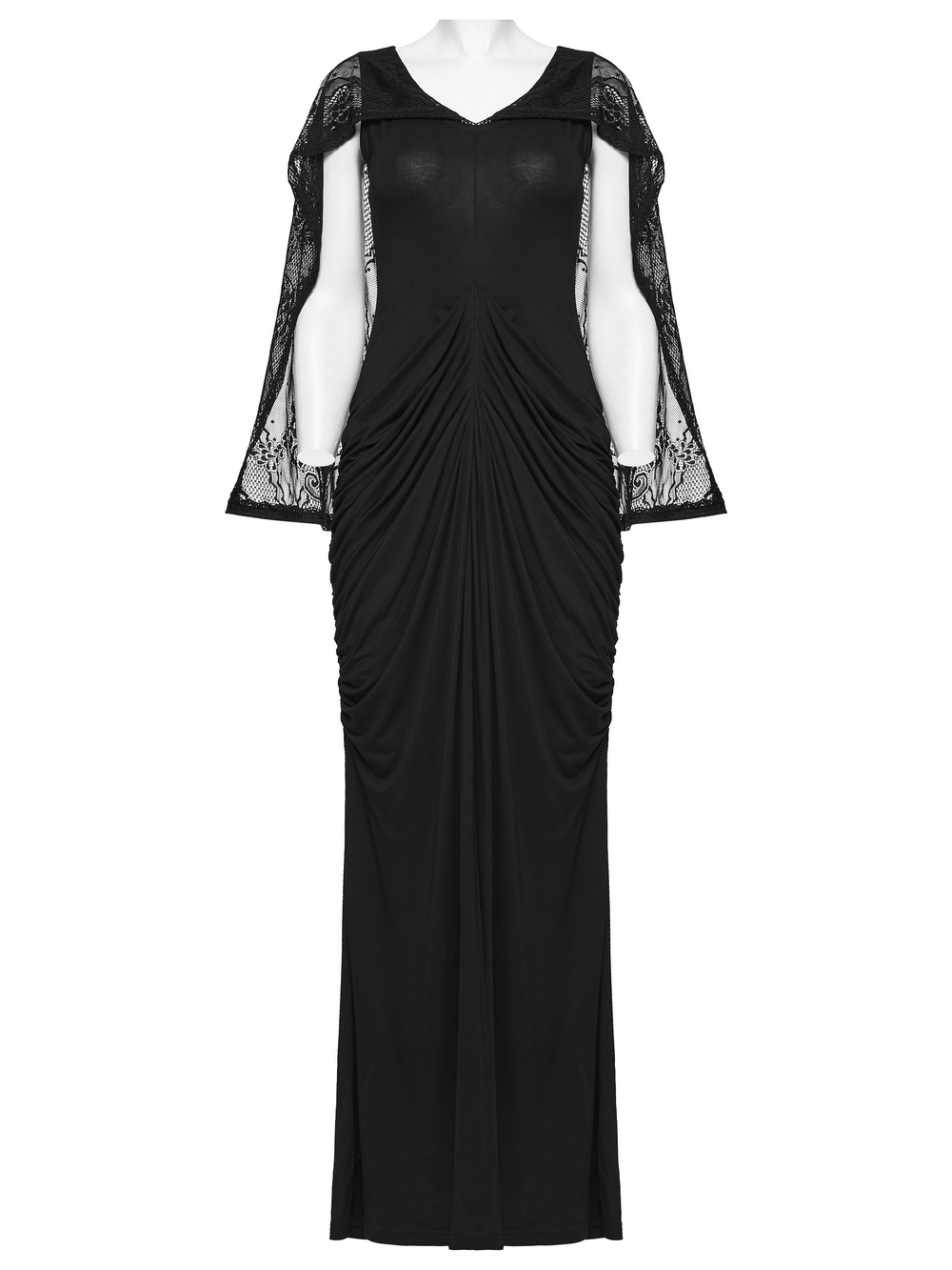 Alt Tag: Women's Hooded Gothic Ruched Lace Evening Dress black maxi gown with lace hooded sleeves and ruched waist, front view