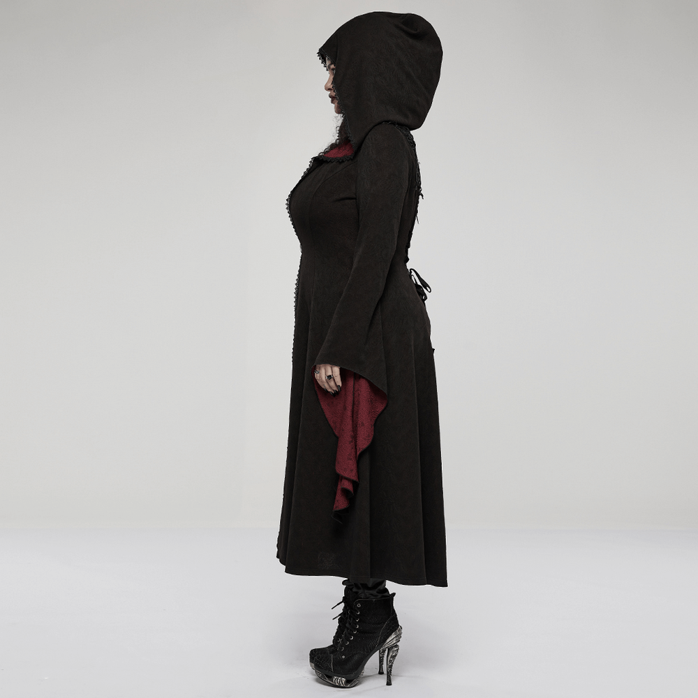 Womens Hooded Gothic Witch Coat with Lace Detail - HARD'N'HEAVY