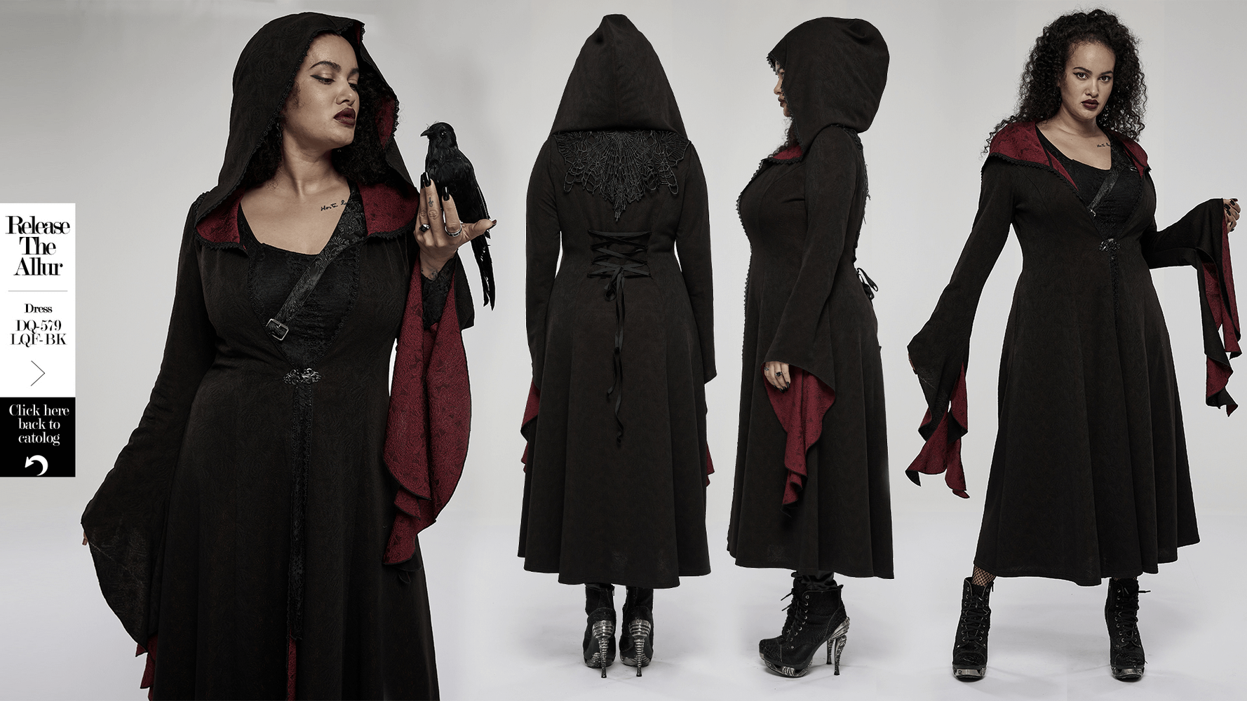Womens Hooded Gothic Witch Coat with Lace Detail - HARD'N'HEAVY