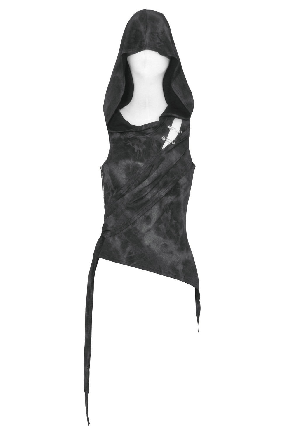 Women's hooded sleeveless punk top with edgy metal pins and stylish wrap design in black.