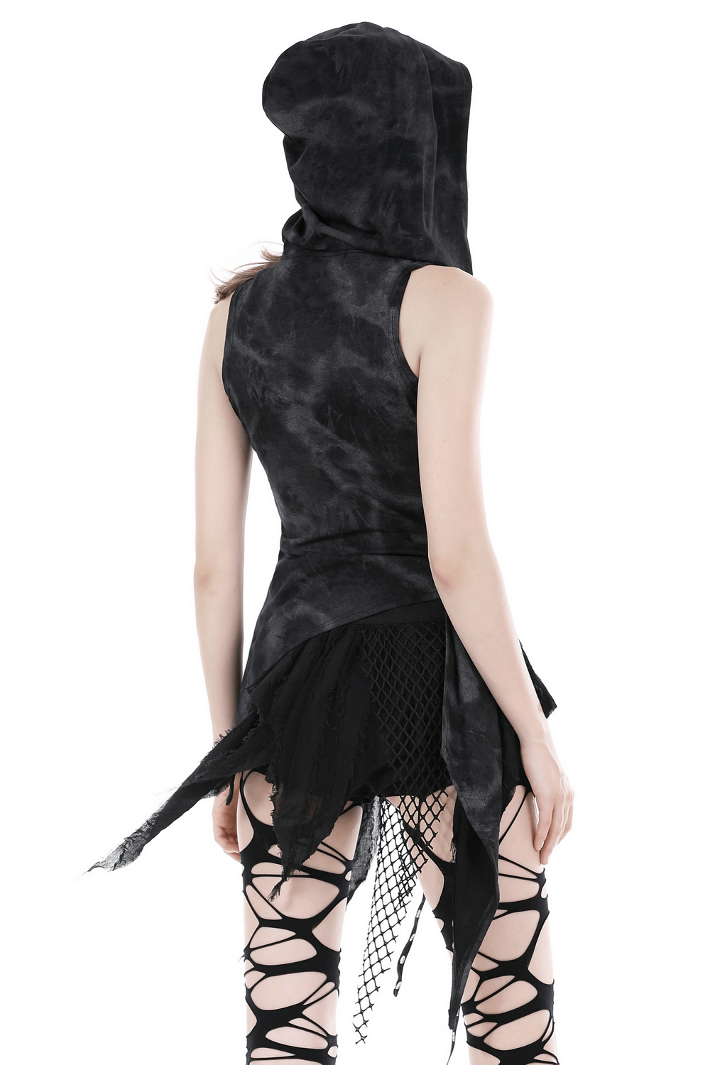 Back view of a women's black hooded sleeveless punk top with edgy design and dramatic tie-up hoodie.
