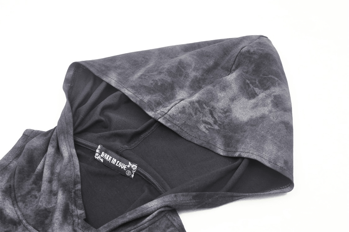 Close-up of a dark, stylish hood on a women's sleeveless punk top, showcasing edgy design and detail.