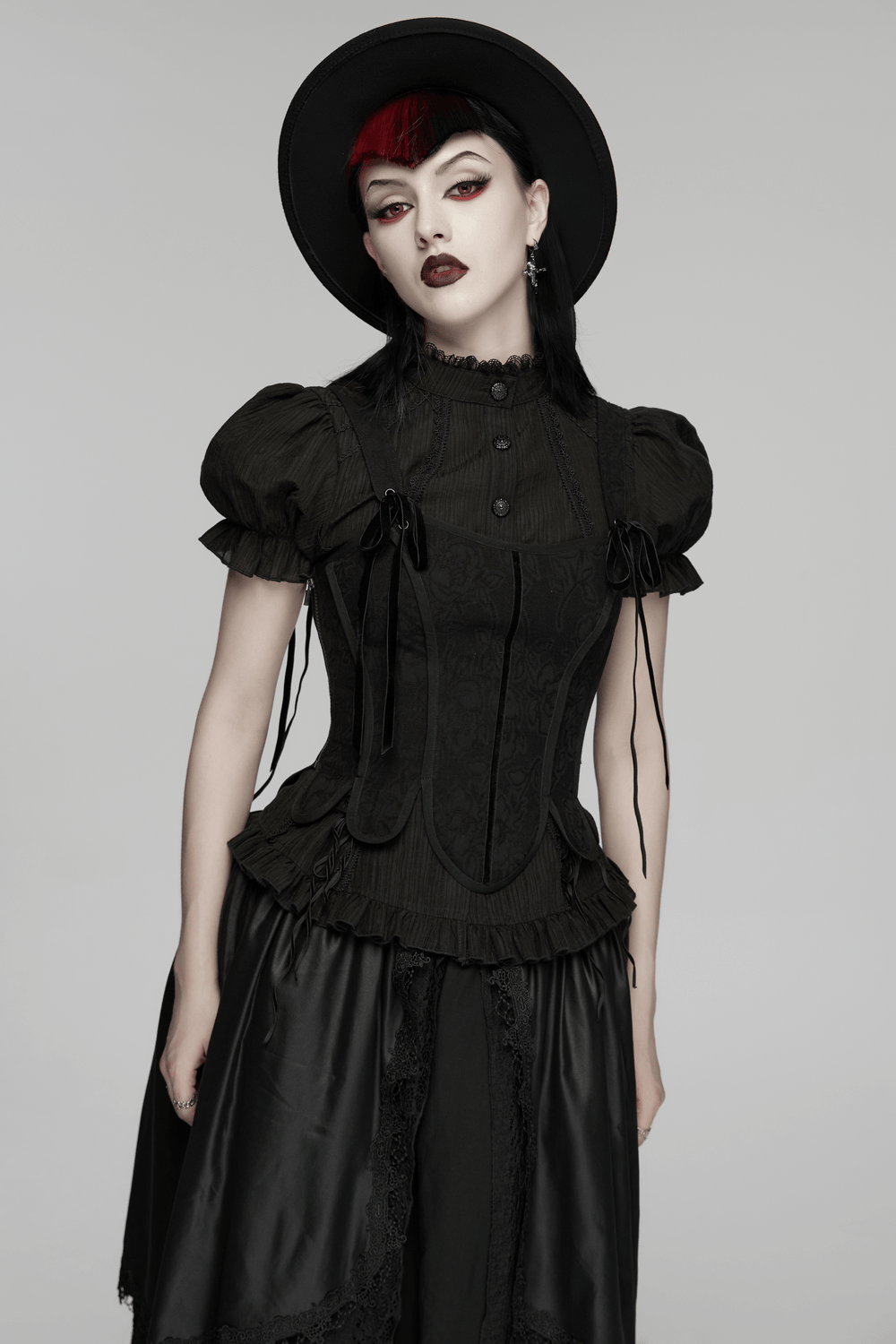 Alt Tag: Women's Jacquard Gothic Corset Top with Tie Sleeves on model, black jacquard corset with ribbon ties, puff sleeves, lace-up vibe