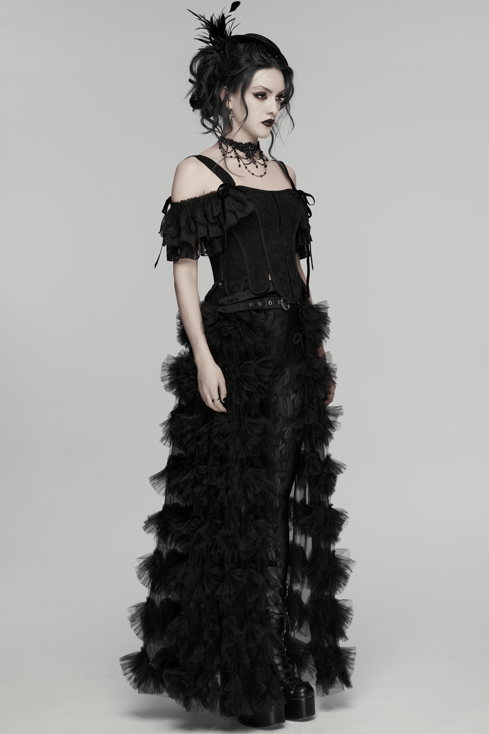 Alt Tag: Women's Jacquard Gothic Corset Top with Tie Sleeves with removable ruffle sleeves, lace-up back, and dramatic black gothic skirt look
