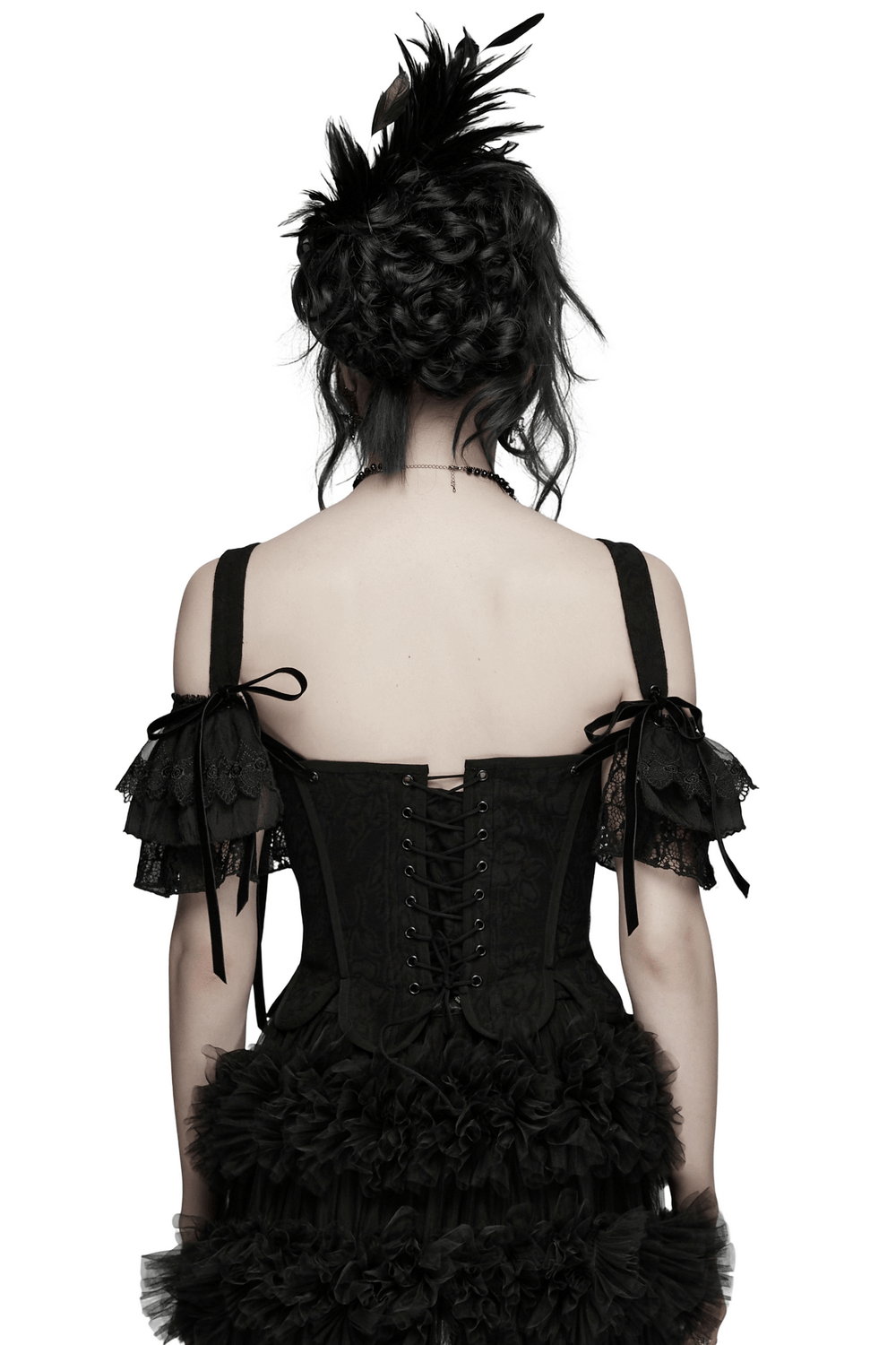 Alt Tag: Back view of Women's Jacquard Gothic Corset Top with Tie Sleeves, black jacquard corset with lace-up back and ribbon-tied sleeves