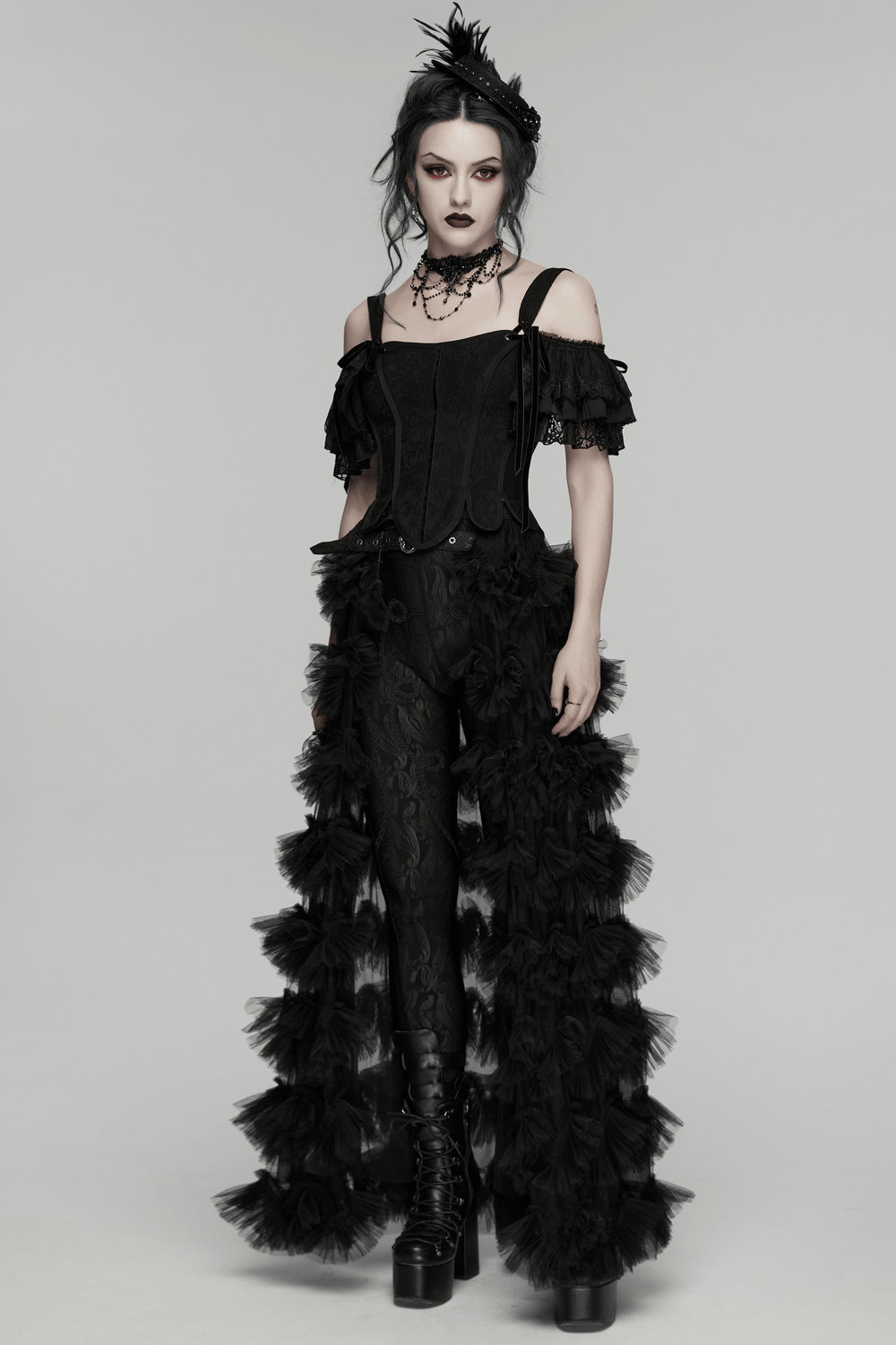 Alt Tag: Women's Jacquard Gothic Corset Top with Tie Sleeves on model, black jacquard corset with lace-up back, tie sleeves, gothic party look