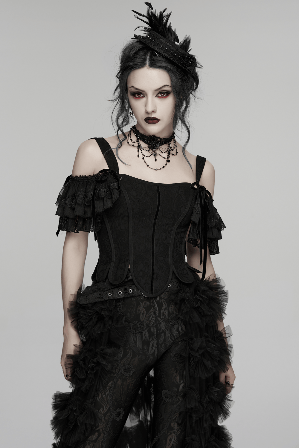Alt Tag: Women's Jacquard Gothic Corset Top with Tie Sleeves in black jacquard with removable sleeves, ribbon ties, lace-up back