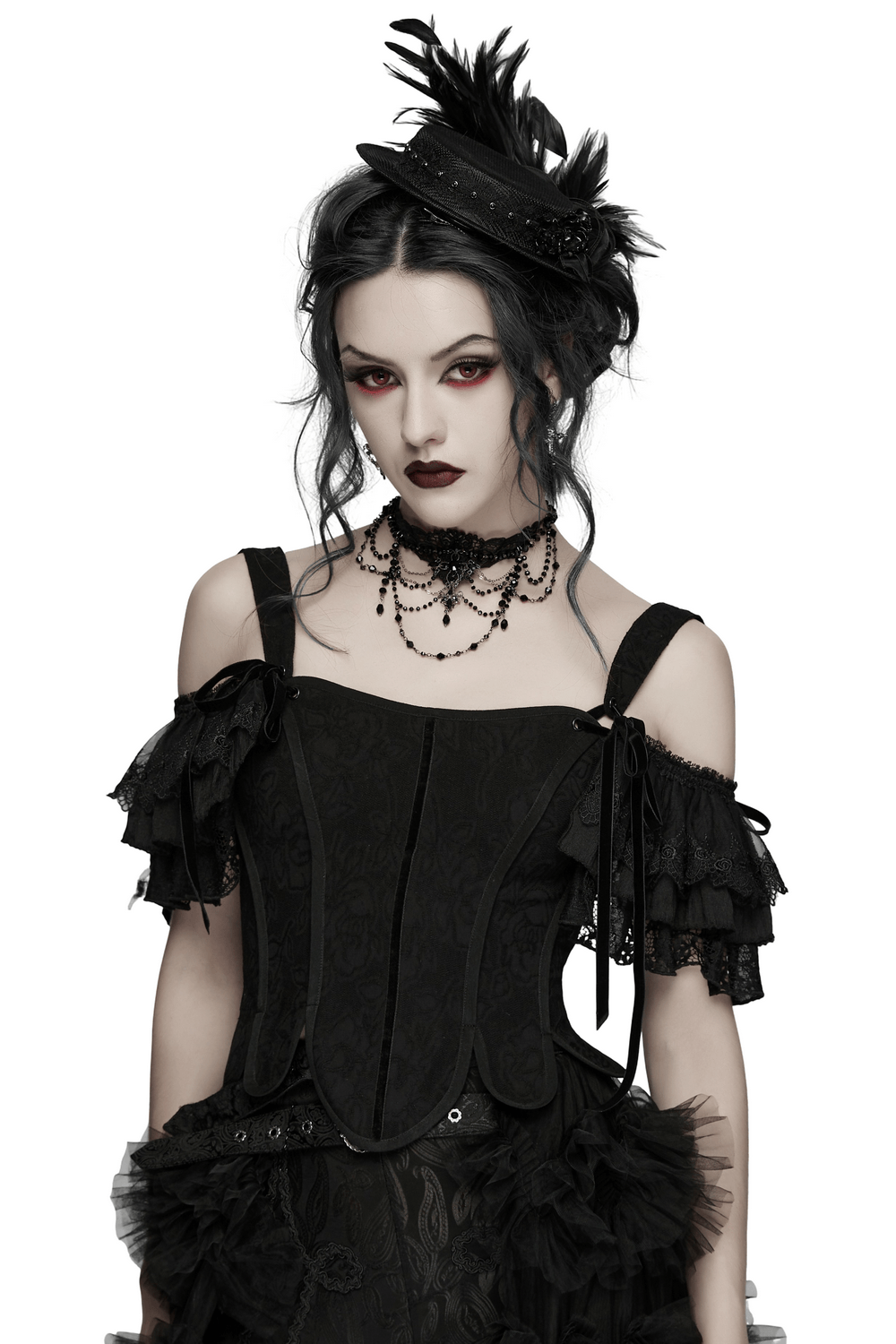 Alt Tag: Women's Jacquard Gothic Corset Top with Tie Sleeves worn with removable ruffle sleeves, lace-up back vibe, dramatic gothic party look