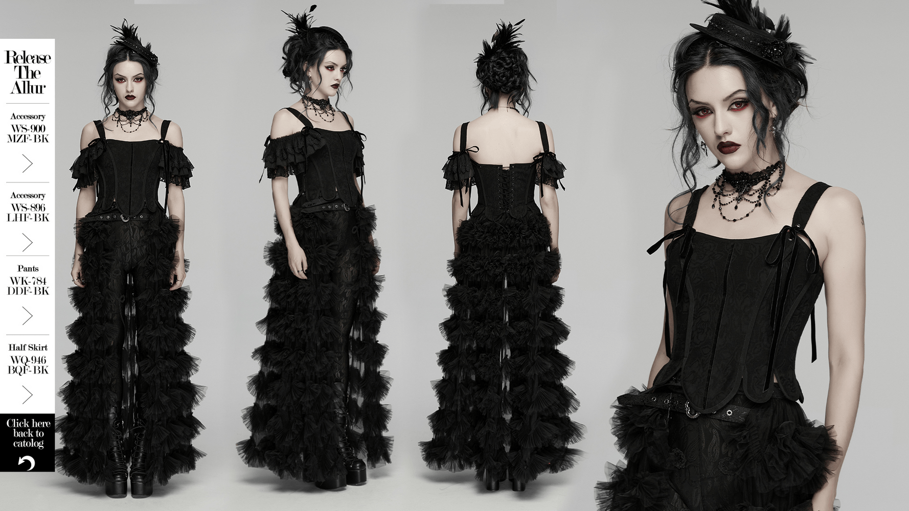 Alt Tag: Women's Jacquard Gothic Corset Top with Tie Sleeves in black jacquard with removable tie sleeves, lace-up back, side zip, gothic look