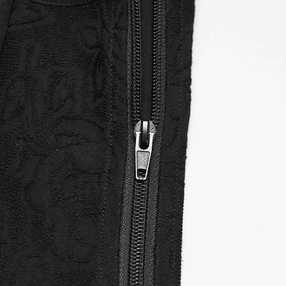Alt Tag: Close-up zipper detail on Women's Jacquard Gothic Corset Top with Tie Sleeves, black cotton jacquard texture