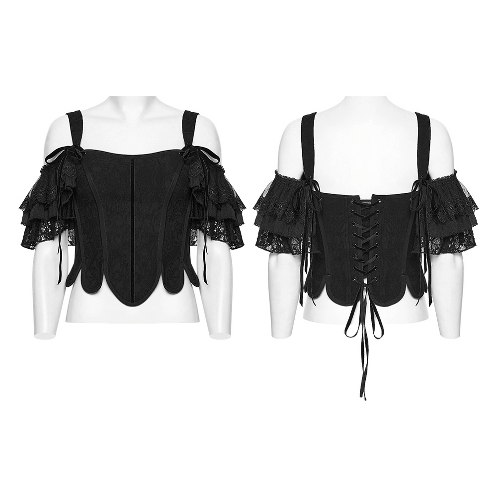 Alt Tag: Women's Jacquard Gothic Corset Top with Tie Sleeves, black jacquard corset with removable lace tie sleeves, lace-up back and side zip