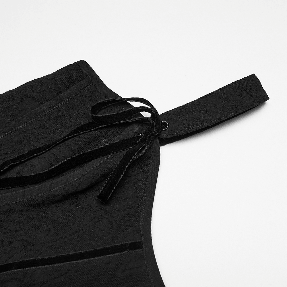 Alt Tag: Women's Jacquard Gothic Corset Top with Tie Sleeves close-up of black jacquard fabric with ribbon tie sleeve detail