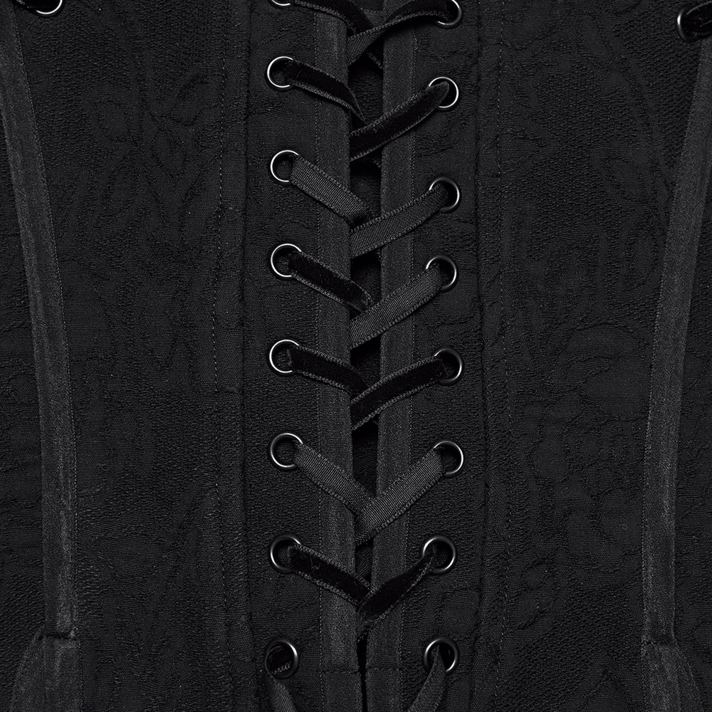 Alt Tag: Women's Jacquard Gothic Corset Top with Tie Sleeves black jacquard close-up, lace-up back with grommets and ribbon lacing
