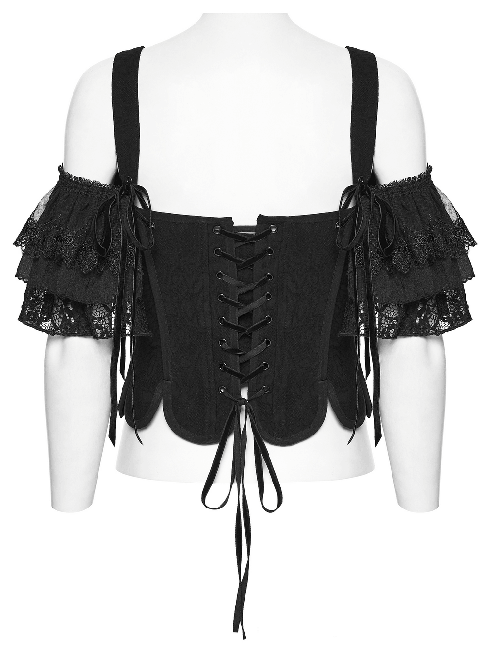 Alt Tag: Women's Jacquard Gothic Corset Top with Tie Sleeves black jacquard corset, lace-up back, tie sleeves, side zipper