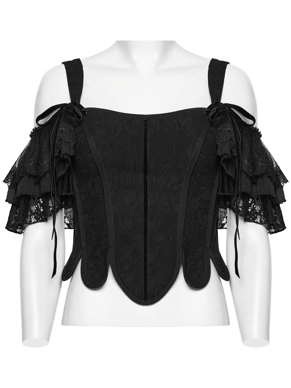 Alt Tag: Women's Jacquard Gothic Corset Top with Tie Sleeves black jacquard corset with removable lace tie sleeves and sculpted seams