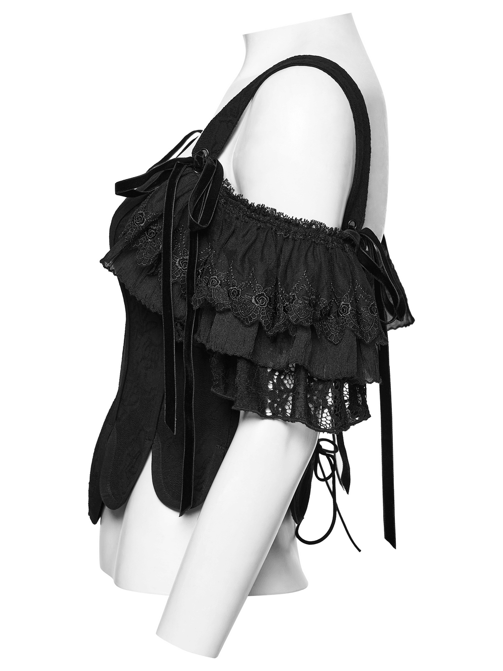 Alt Tag: Women's Jacquard Gothic Corset Top with Tie Sleeves black jacquard corset with removable tie sleeves, lace ruffle trim, side view
