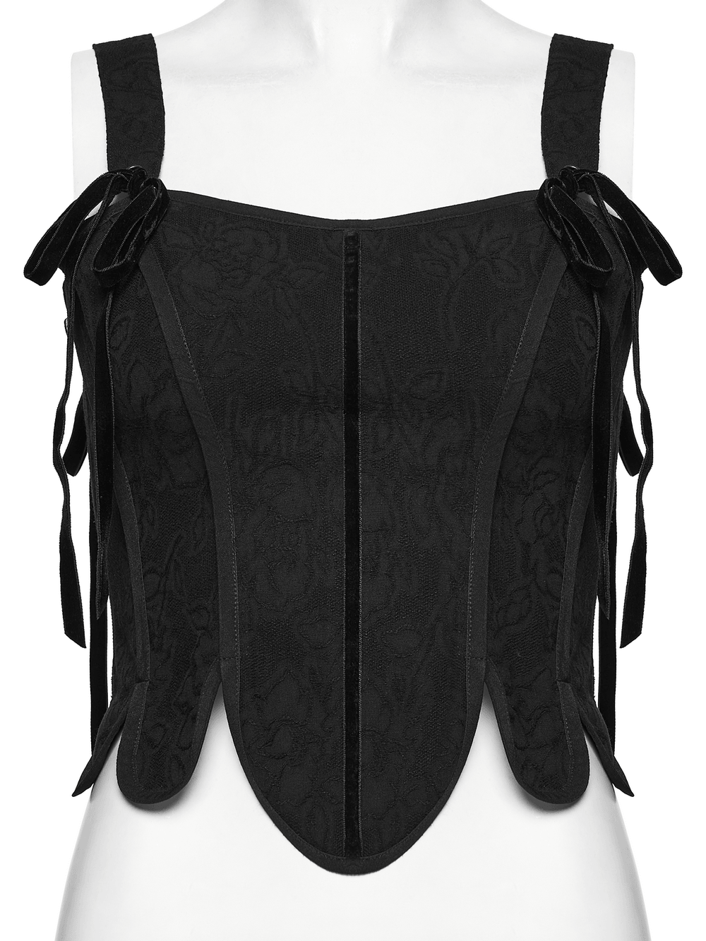 Alt Tag: Women's Jacquard Gothic Corset Top with Tie Sleeves black jacquard corset top with ribbon tie straps and sculpted seams