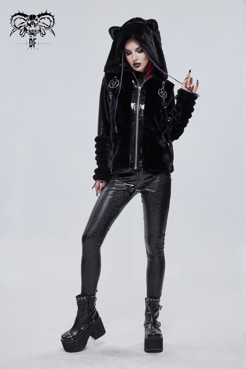 Women's gothic fur hoodie with kitty ears, pentagram accents, and edgy black fashion style.