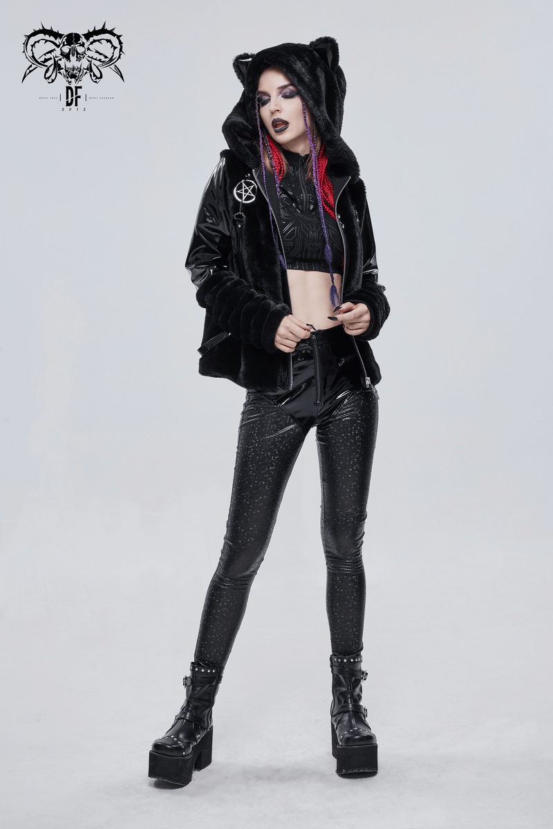 Stylish woman in a black kitty-eared fur hood jacket and shiny latex pants, embodying gothic fashion with a fierce look.