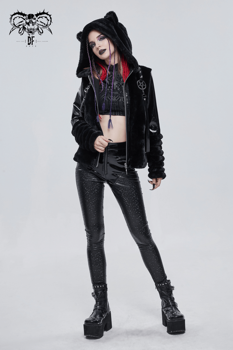 Women's Kitty Eared Fur Hood Jackets / Gothic Jacket with Pentagram Pendants and Straps - HARD'N'HEAVY