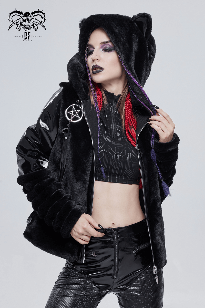 Gothic women's furry hooded jacket with kitty ears and pentagram detail, styled for a unique, edgy fashion look.
