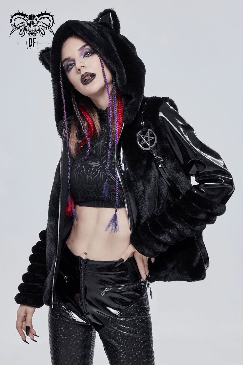 Fashionable woman wearing a black fur hooded gothic jacket with kitty ears and pentagram accents.