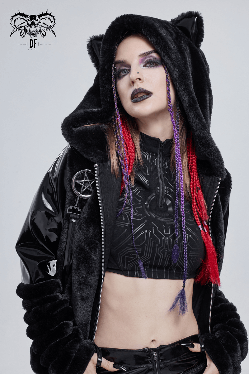 Women's Kitty Eared Fur Hood Jackets / Gothic Jacket with Pentagram Pendants and Straps - HARD'N'HEAVY