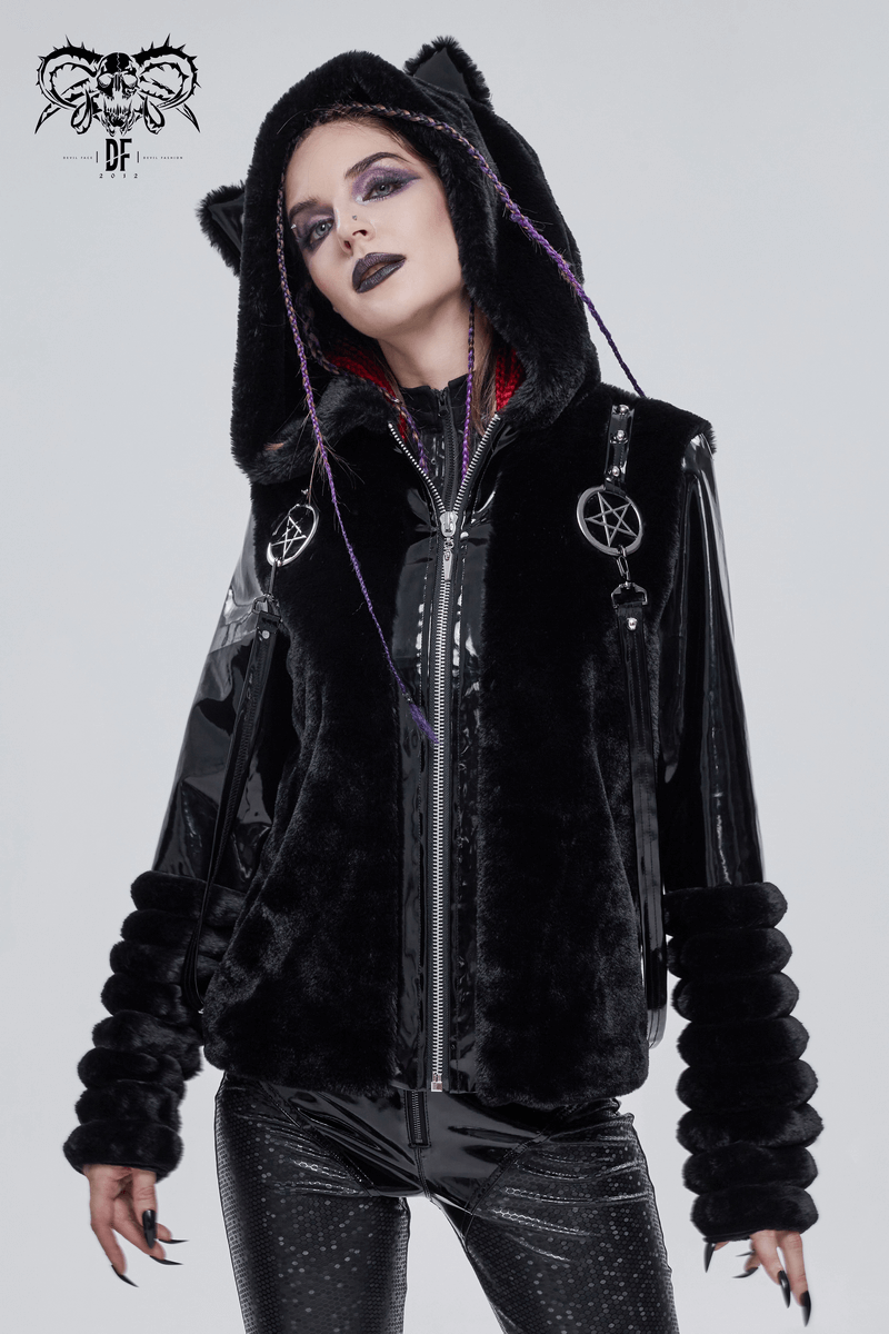 Gothic women's fur hooded jacket with kitty ears, pentagram details, and stylish black design.