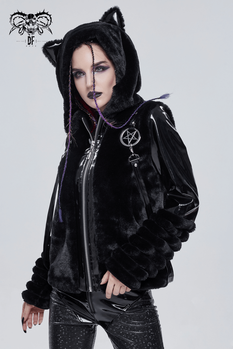 Women's Kitty Eared Fur Hood Jackets / Gothic Jacket with Pentagram Pendants and Straps - HARD'N'HEAVY