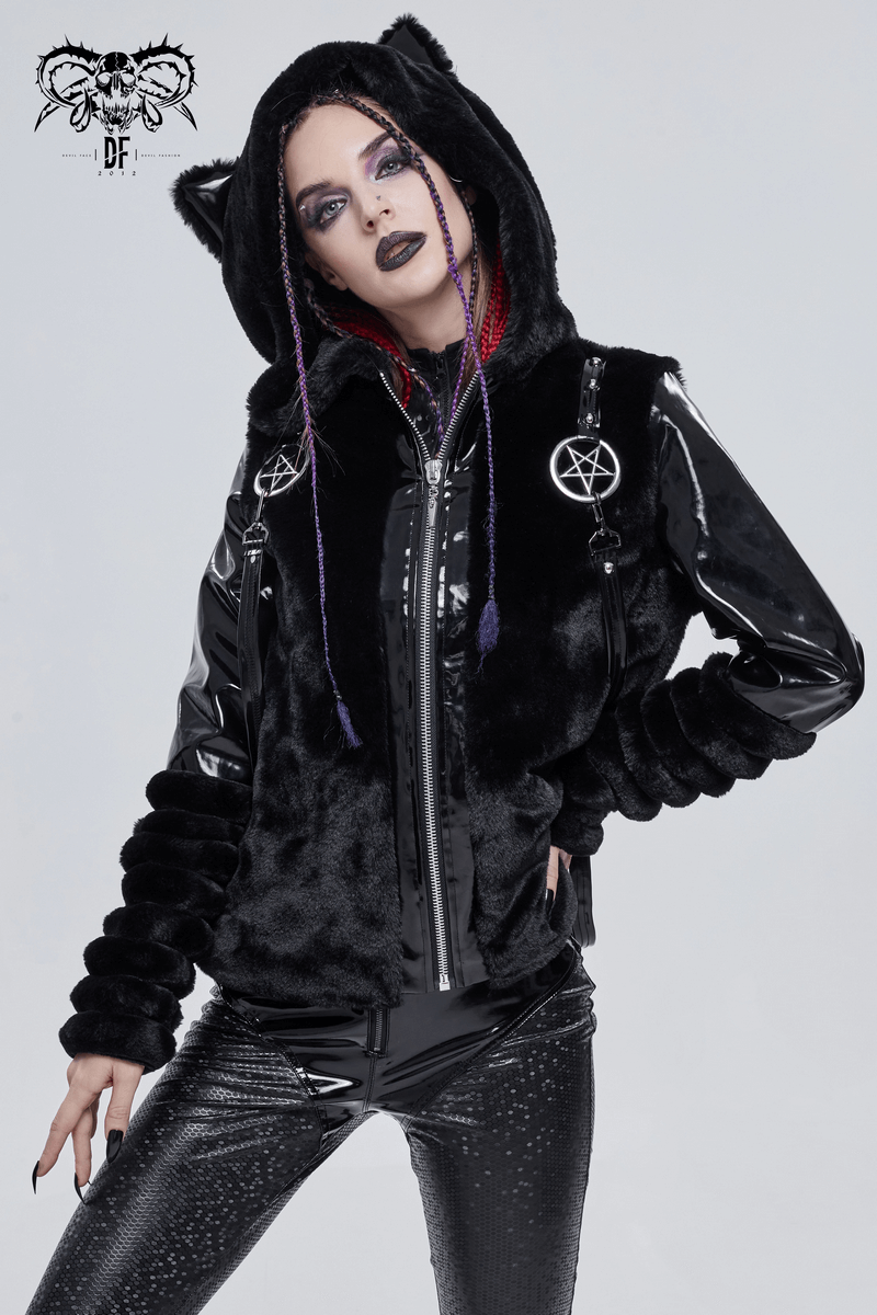 Women's black fur hooded jacket with kitty ears, pentagram accents, and gothic style.
