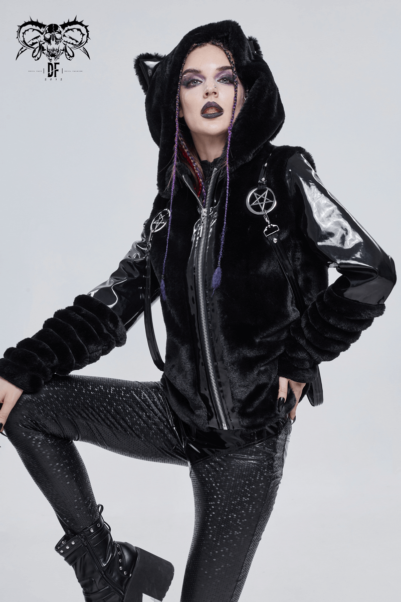 Gothic women's jacket with kitty ears, pentagram details, and shiny sleeves, perfect for stylish alternative fashion.