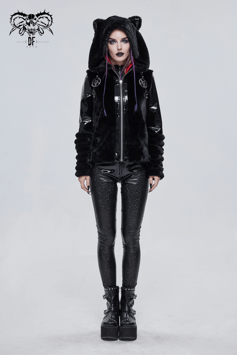 Women's gothic fur hooded jacket with kitty ears, pentagram accents, stylish model in black outfit.