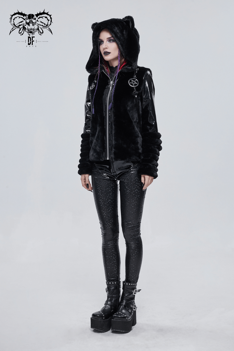 Stylish women's black fur hoodie with kitty ears and pentagram accents, paired with shiny black pants.