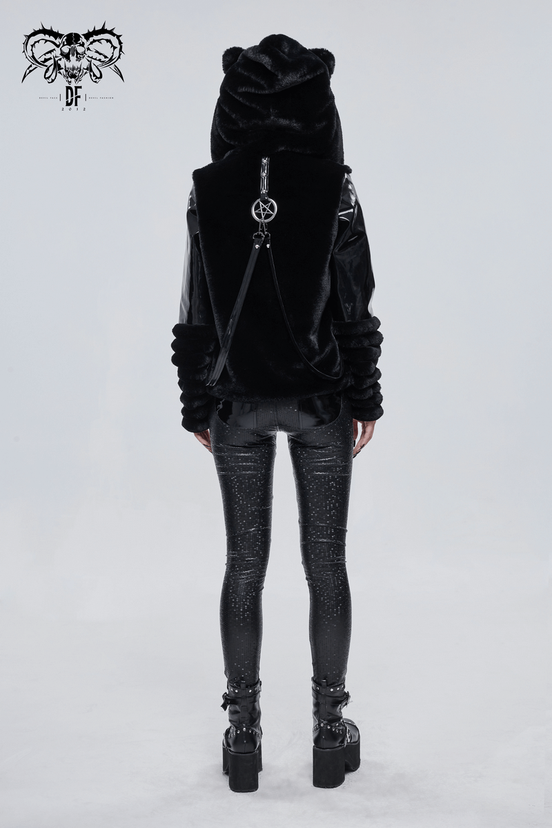 Back view of women's gothic fur hooded jacket with pentagram accents and shiny black leggings, showcasing the stylish design.