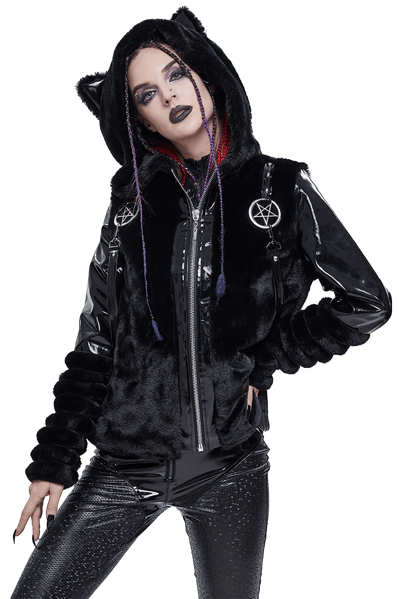 Gothic women's black fur hooded jacket with kitty ears and pentagram pendants, perfect for stylish autumn looks.