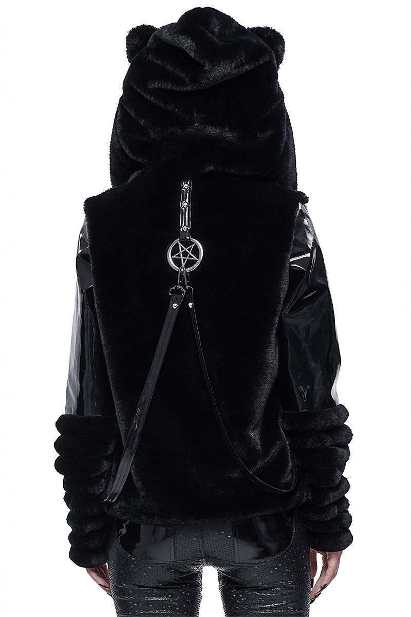 Women's Kitty Eared Fur Hood Jackets / Gothic Jacket with Pentagram Pendants and Straps - HARD'N'HEAVY