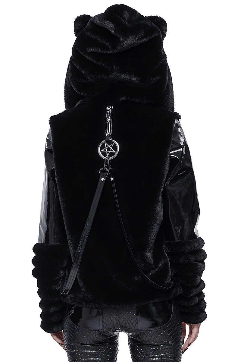 Back view of a women's gothic fur hood jacket with kitty ears and pentagram pendant detail.
